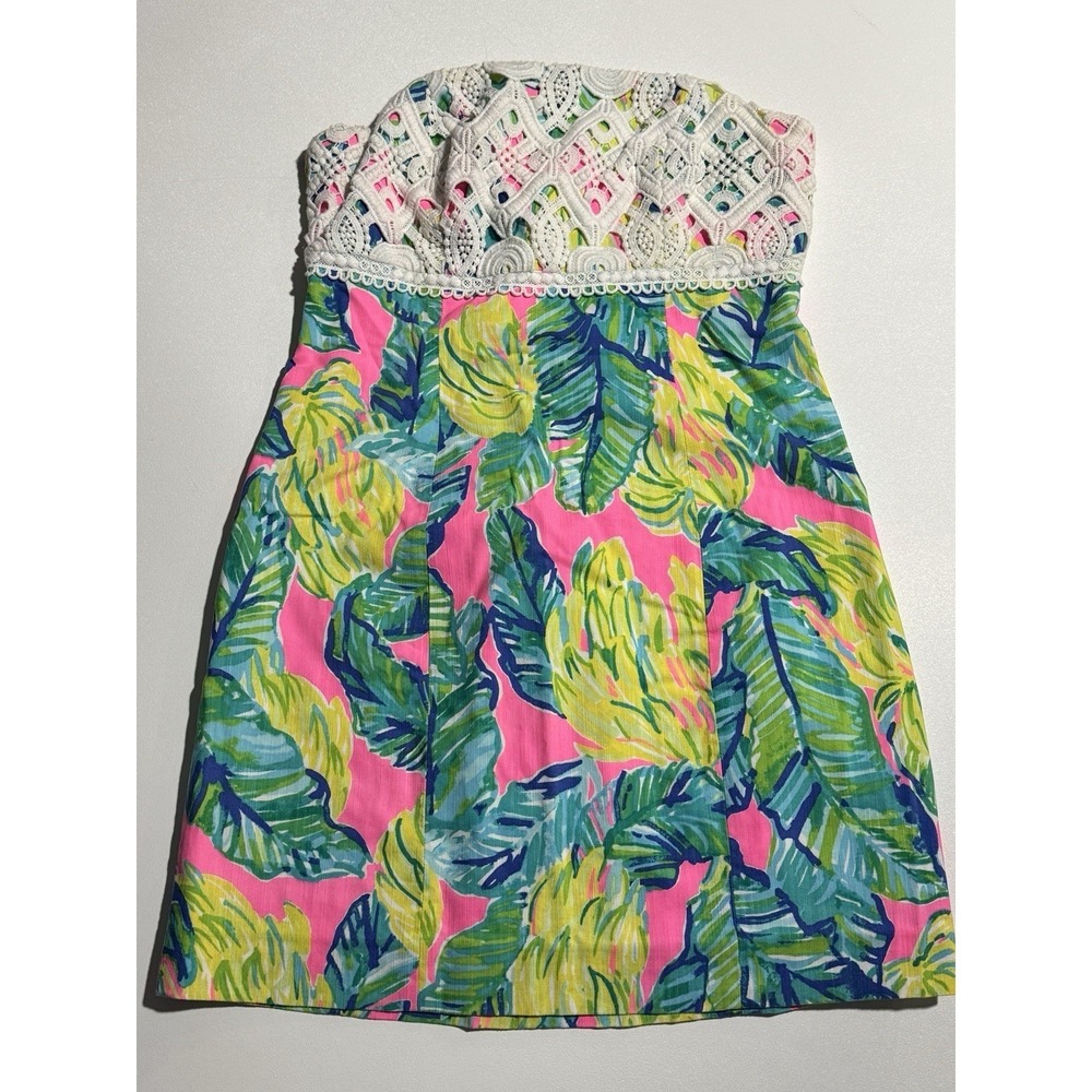 LILLY PULITZER Sz 4 BRYNN LACE DETAIL STRAPLESS DRESS PINK SUNSET PRINT